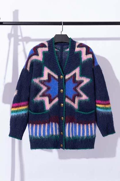 Color Contrast Lazy Long Sleeve Knitted Cardigan Coat Autumn/winter Rainbow Sweater