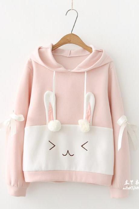 Cute Pink Bunny Ears Long Sleeved Hoodie Jumper Sweater Hoodie