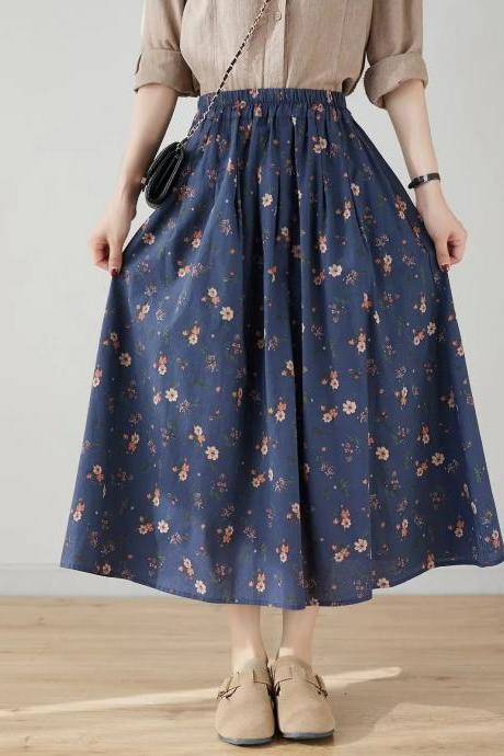 Women&amp;#039;s Elastic Waist Cotton Linen Full Skirt Long A-line Skirt Floral Skirt