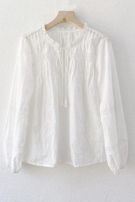 Women's French Shirt Long Sleeve White Cotton Embroidered Shirt Woman