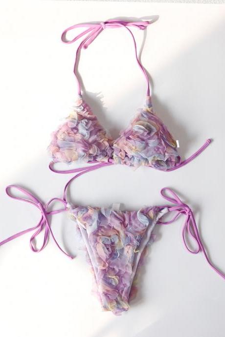3d Flower Full Floral Two Pieces Bikinis Purple Flower Swimwear Bathsuit