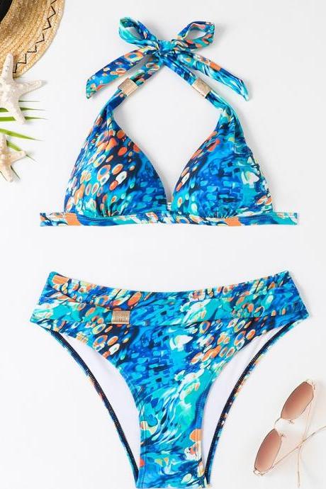 Ocean Blue Split Swimsuit Women's Printed Hanging Neck Strap Open Back Sexy Bikini