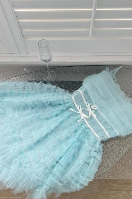 Heavy Industry Bow Princess Dress Chiffon Yarn Waist Dress Homecoming Dress Sky Bluye Dress 3d Dress Cake Dress