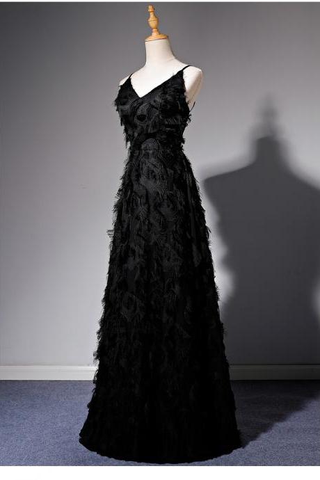 Immortal Feather Birthday Patty Celebrity Black Temperament Sexy Dress With Hanging Straps Black Banquet Long Dress