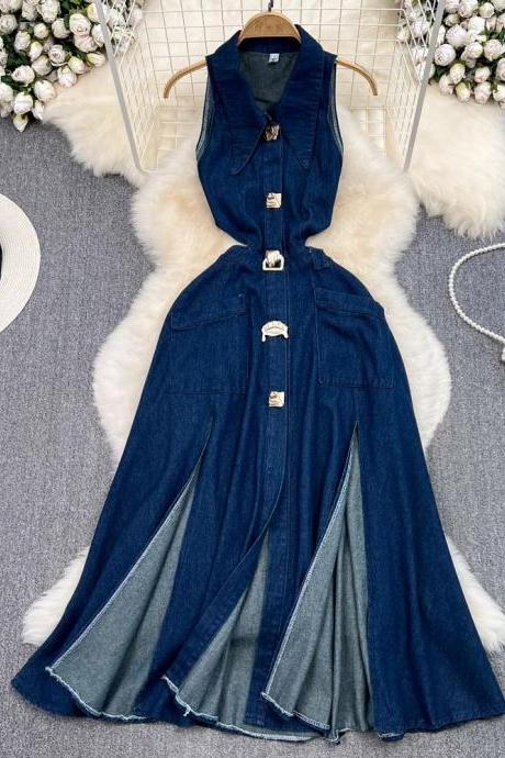 Retro Lapel Hollowed Out Waist Waistband Slimming Effect Sleeveless Single Breasted A-line Split Denim Dress Casual Long Dress