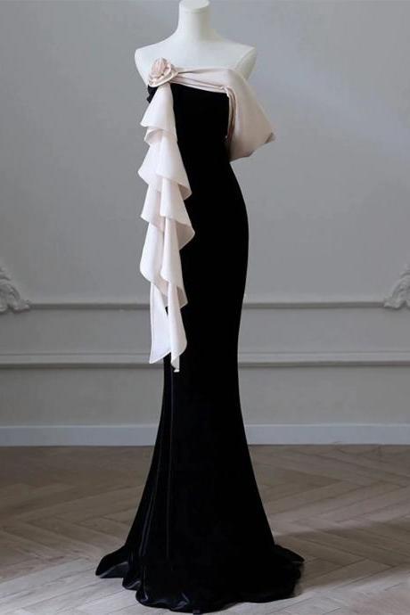Black Evening Dress 2024 One Shoulder Light Luxury Small Party Host Waist Closing Fishtail Engagement Dress Girl Homecoming Dress