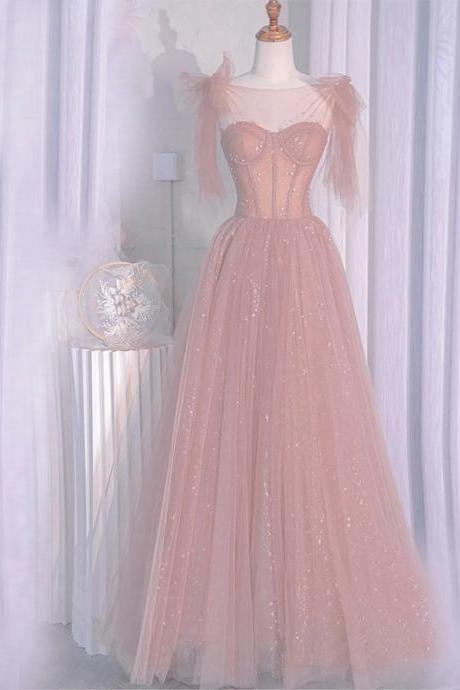 Pink Net Evening Dress For Women Pink Bow Dress 2024 Birthday Banquet Elegant Host Dress Immortal Evening Dress Homecoming Dress