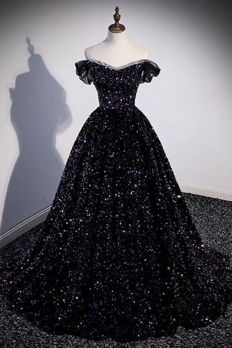 One Shoulder Evening Dress For Women Sparkling Sequins Host Bel Canto Performance Dress Vocal Art Exam Black Wedding Dress