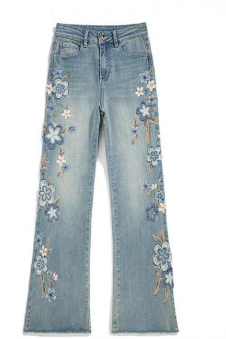 Summer Two Sided Pattern Heavy Industry Embroidery High Waist Wide Legs Show Tall And Slim Appearance Loose Straight Women's Jeans