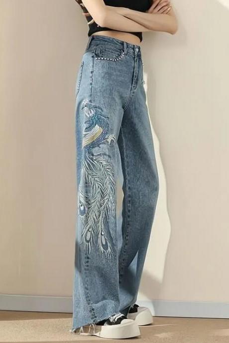 Wide Leg High Waisted Jeans For Women's Summer Style With Phoenix Embroidery Straight Tube Loose And Trendy Showing A Slimming