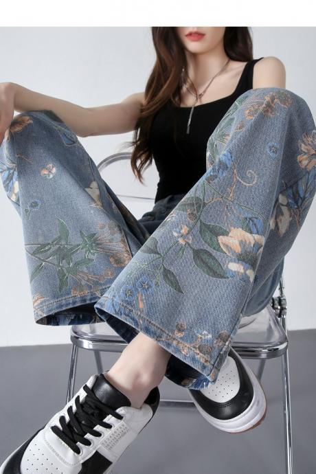 Printed Straight Leg Jeans For Women's Versatile Spring And Autumn Narrow Edition Wide Leg Pants With High Waist And Drape Pants