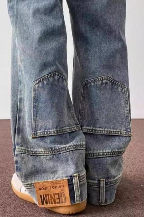 Men And Women's Same Style Spring And Autumn Reverse Wear Distressed Straight Leg Jeans, American High-end Tube Pants, Washed Wide