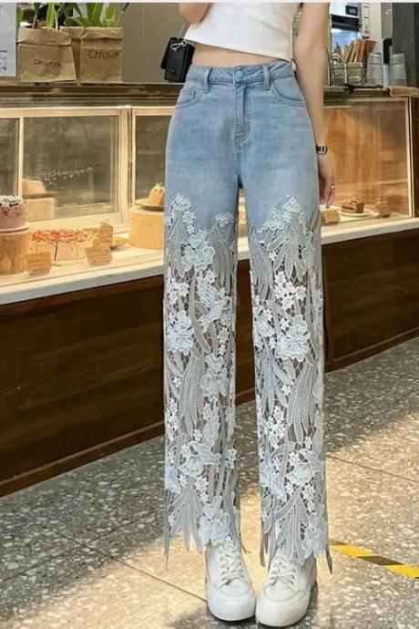 Design Sensitive Lace Patchwork Niche Jeans For Women's 2024 Summer Straight Leg Slimming Retro Style Casual Pants