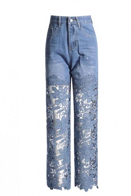 High Waisted Straight Leg Pants 2024 Niche Patchwork Lace Design Commuter Style Jeans For Women