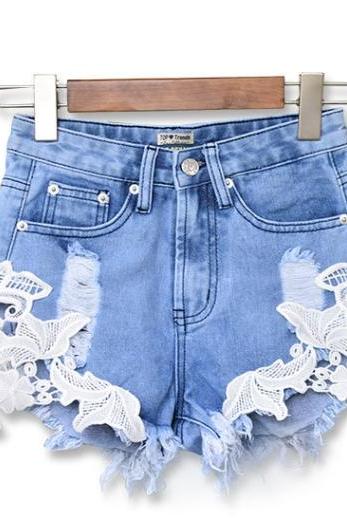 High Waisted Lace Beach Vacation Bohemian Wind Ripped Denim Shorts For Women's Pants