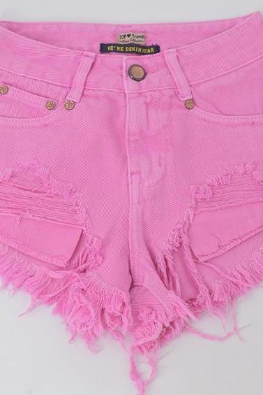 High Waisted Slim Fitm Worn Out Irregular Leaky Pocketshot Pants Pink Beach Denim Shorts