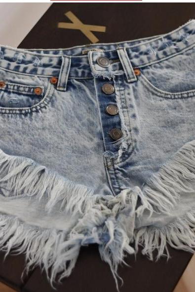 Summer High Waisted Button Worn And Washed Snowflake Women's Denim Shorts
