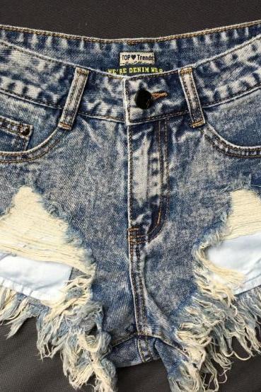 Slim Fit High Waisted Worn Out Irregular Leaky Pockets Tassels Snowflakes Nostalgic Denim Shorts