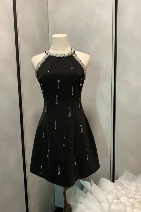 Black Acetic Acid Heavy Industry Diamond Stripe Decorative Dress French Style Diamonds Sexy And Elegant Wrapped Hip Dress