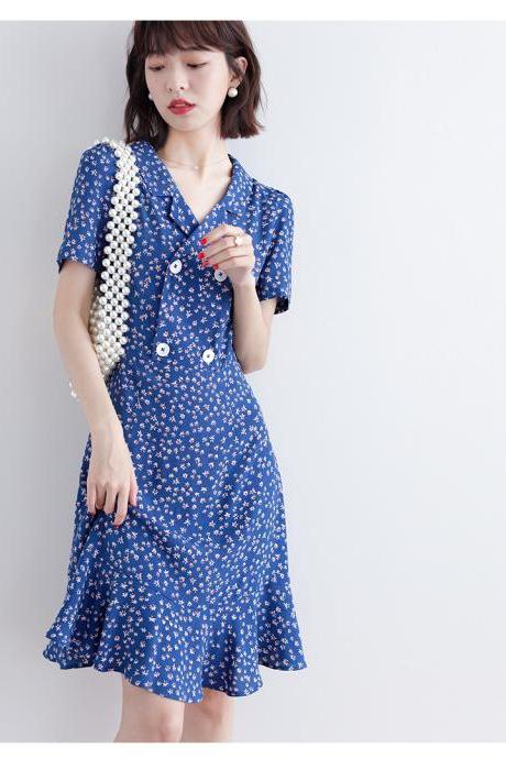Retro Floral Lapel A-line Mid Length Dress With Slim Fit And Slimming Effect