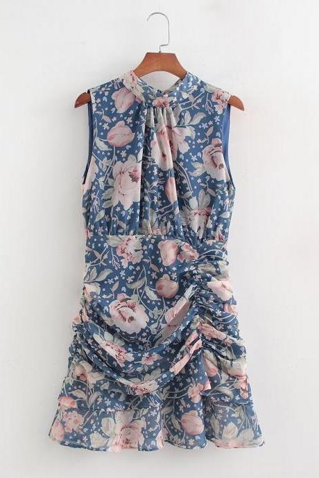 Leisure Floral Pleated Sleeveless Dress
