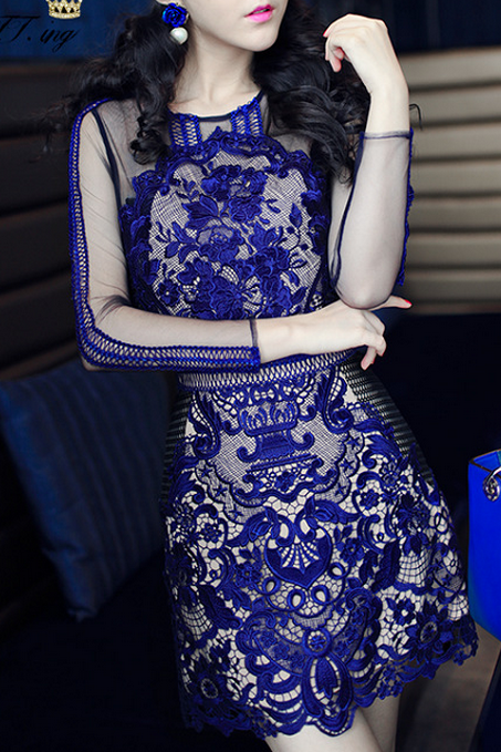 Fashion Long Sleeve Blue Lace Dress