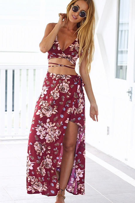 Burgundy Floral Print Two-piece Maxi Dress Featuring Lace-up Detailing