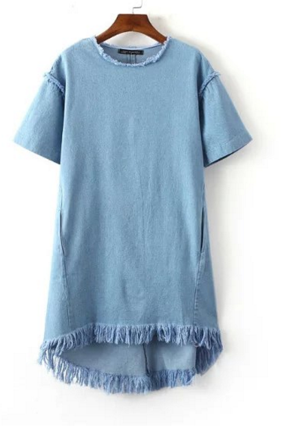 Cow Body Blue Tassel Short Sleeve Dress
