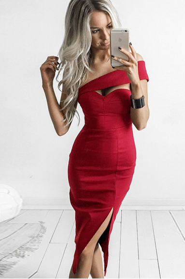 Red One-Shoulder Bodycon Pencil Dress , Party Dress, Graduation Dress, Homecoming