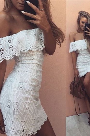 Off-shoulder Lace Bodycon Dress With Scalloped Details, Graduation Dress, Party Dress