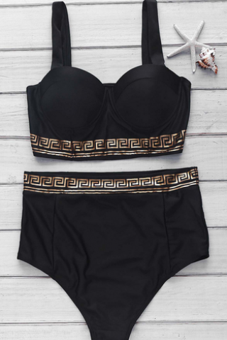 Cute Black Golden High Waist Two Piece Bikinis Swimwear Bathsuit
