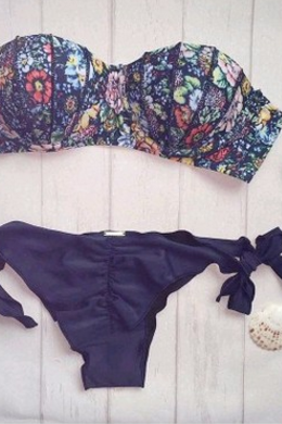 Cute Strapless Floral Two Piece Bikinis Swimwear Bathsuit