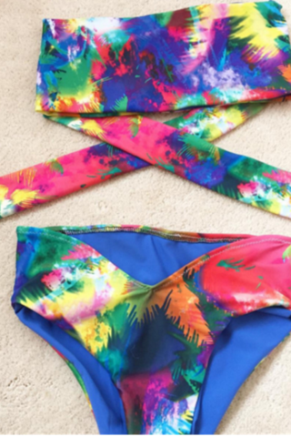 Colorful Strapless Waist Cross Two Piece Bikini