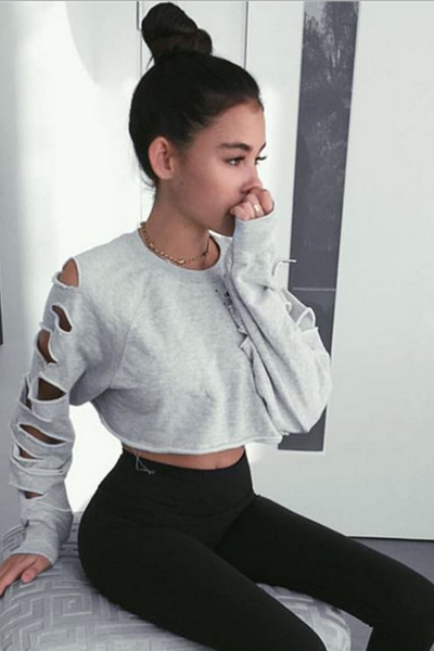 Ripped Sleeves Round Neck Cropped Sweater