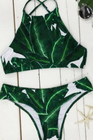 Green Palm Leaves Halter Neck Bikini