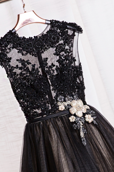 A Black Shoulder Long Dress Lace Beads Tutu Dress Party Dress Homecoming Dress