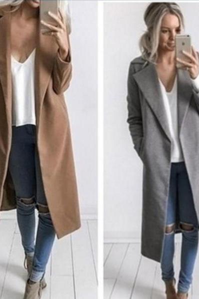 Long-sleeved solid color lapel woolen jacket