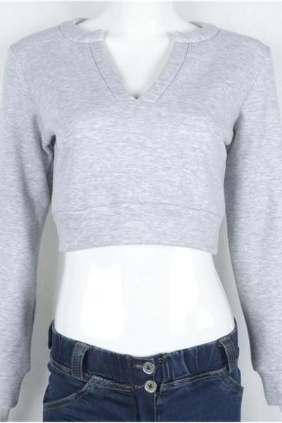 V-collar umbilical long-sleeved grey sweater