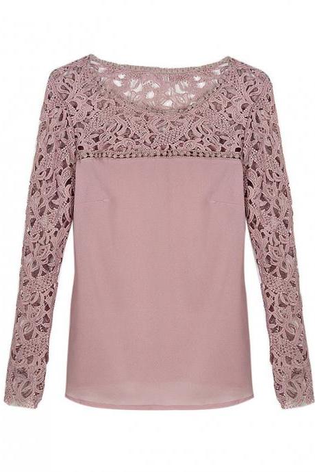 Rosey Brown Crochet Lace Panel Long Sleeve Blouse