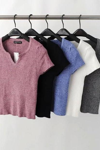Solid Cropped Knitted Stretch T-shirts