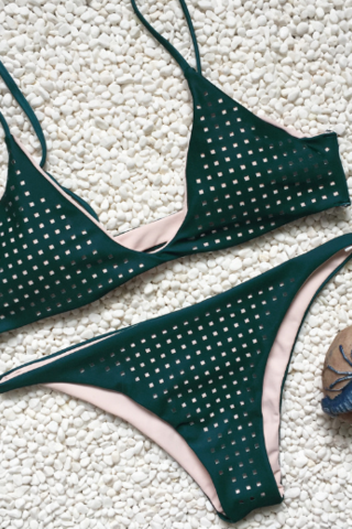 Green Hollow Split Swimsuit Multi - Rope Bandage Bikini