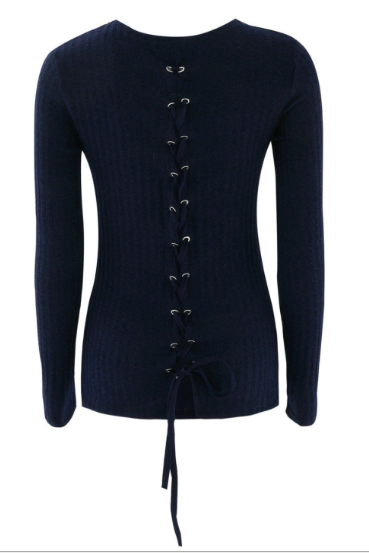 Blue Ribbed Knit Crew Neck Sweater Featuring Lace-Up Back 