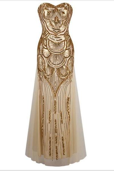Long Golden Dress Sequins Bind Strapless Evening Dress With Elegant Cultivate One's Morality