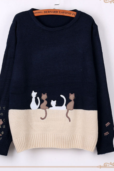 Oversized Round Neck Long Sleeve Cat Sweater