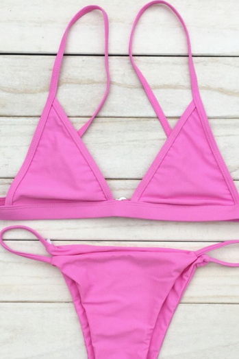 Pure Color Simple Two Piece Bikinis Swimwear Bath Suit Pink