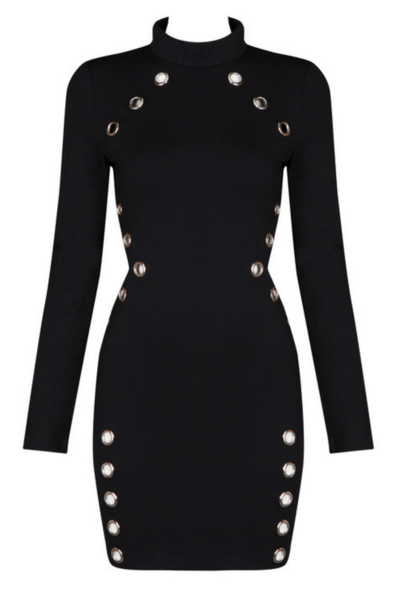 Black Long Sleeve High Neck Short Bodycon Dress Featuring Eyelet and Cutout Detailing 