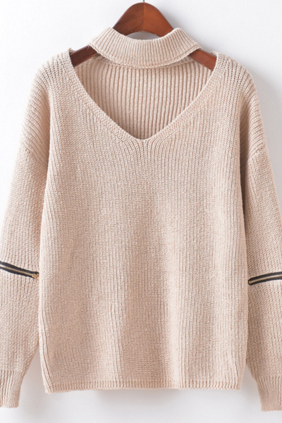 Autumn And Winter Solid Color Knit Shirt Neckline Hollow Hanging Neck V-neck Zipper Sweater Women