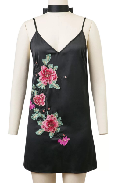 Floral Embroidered Plunge V Slip Dress with Choker 