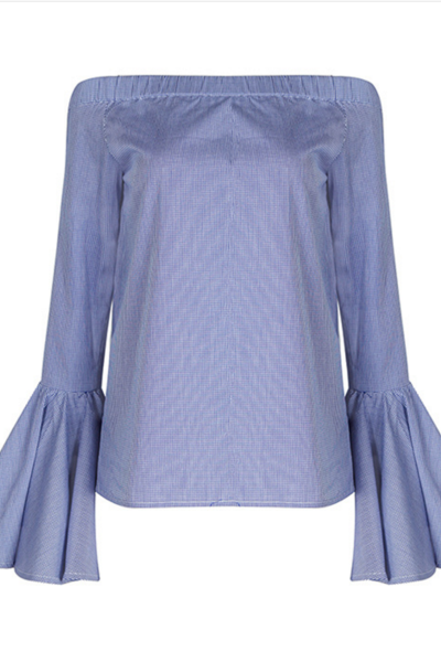 Blue Plaid Off-The-Shoulder Ruffled Flared Sleeves Top 