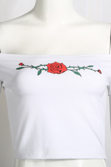 NEW fashion sexy off shoulder belly hollow print flower short T-shirt